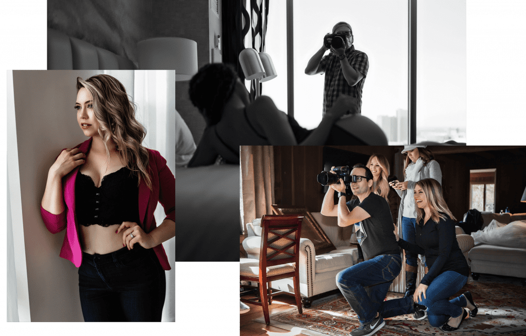 Jessica Costanza wearing a black bustier and pink blazer. Ross taking a photo of a client laying on a bed. Ross and Jessica Costanza coaching a client during their Hampton Roads Boudoir session while Jessica laughs.